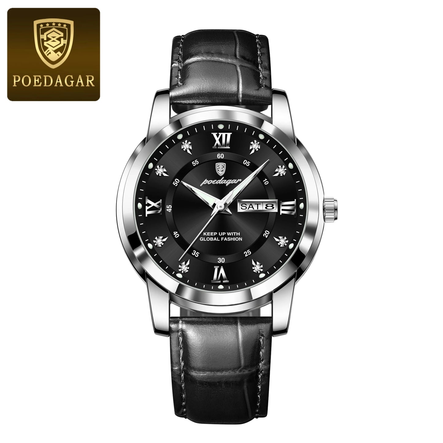 POEDAGAR Quality Luxury Leather band Quartz Watch - Waterproof, Luminous, Date + week And Box