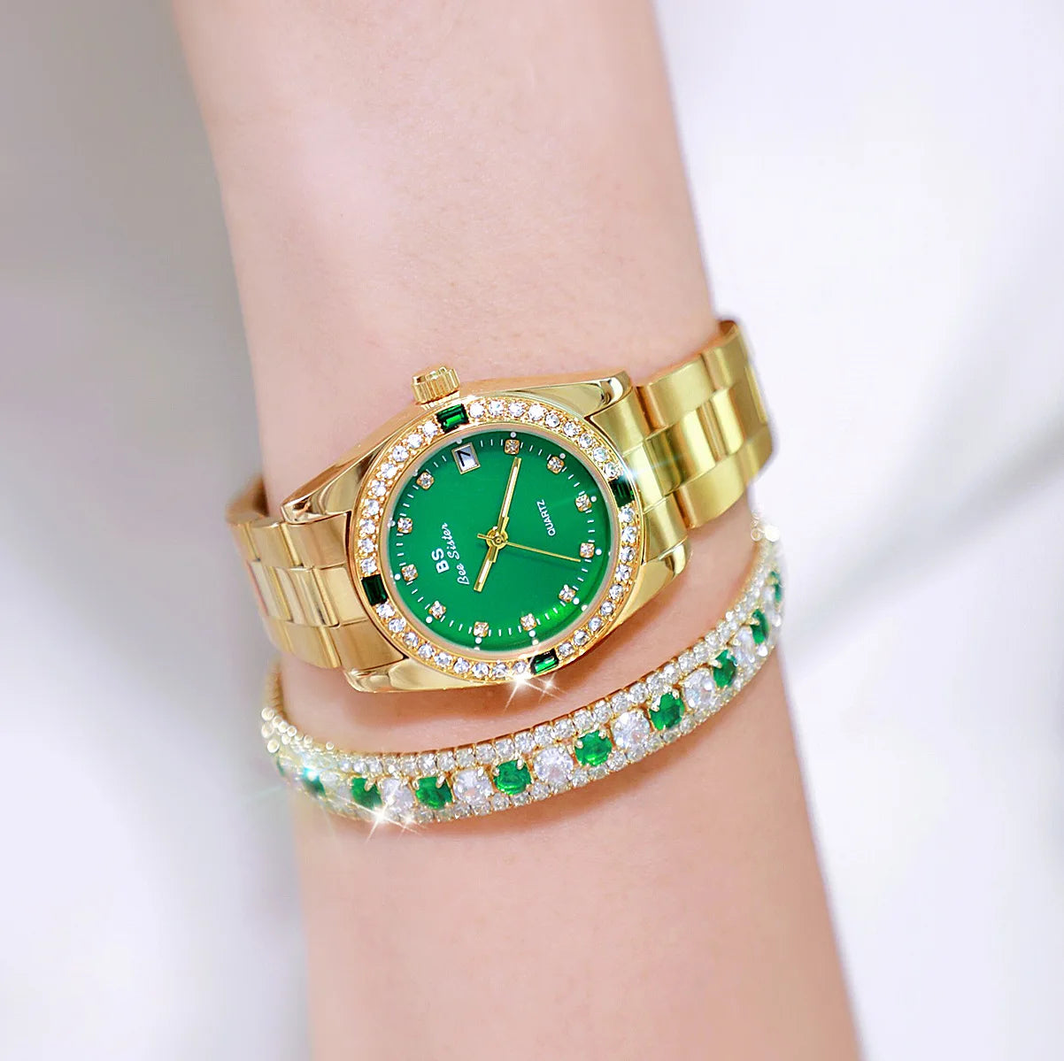 Brand Watch for Women Luxury style Gold/Blue/Green Rhinestone And Waterproof With Steel Strap In Box