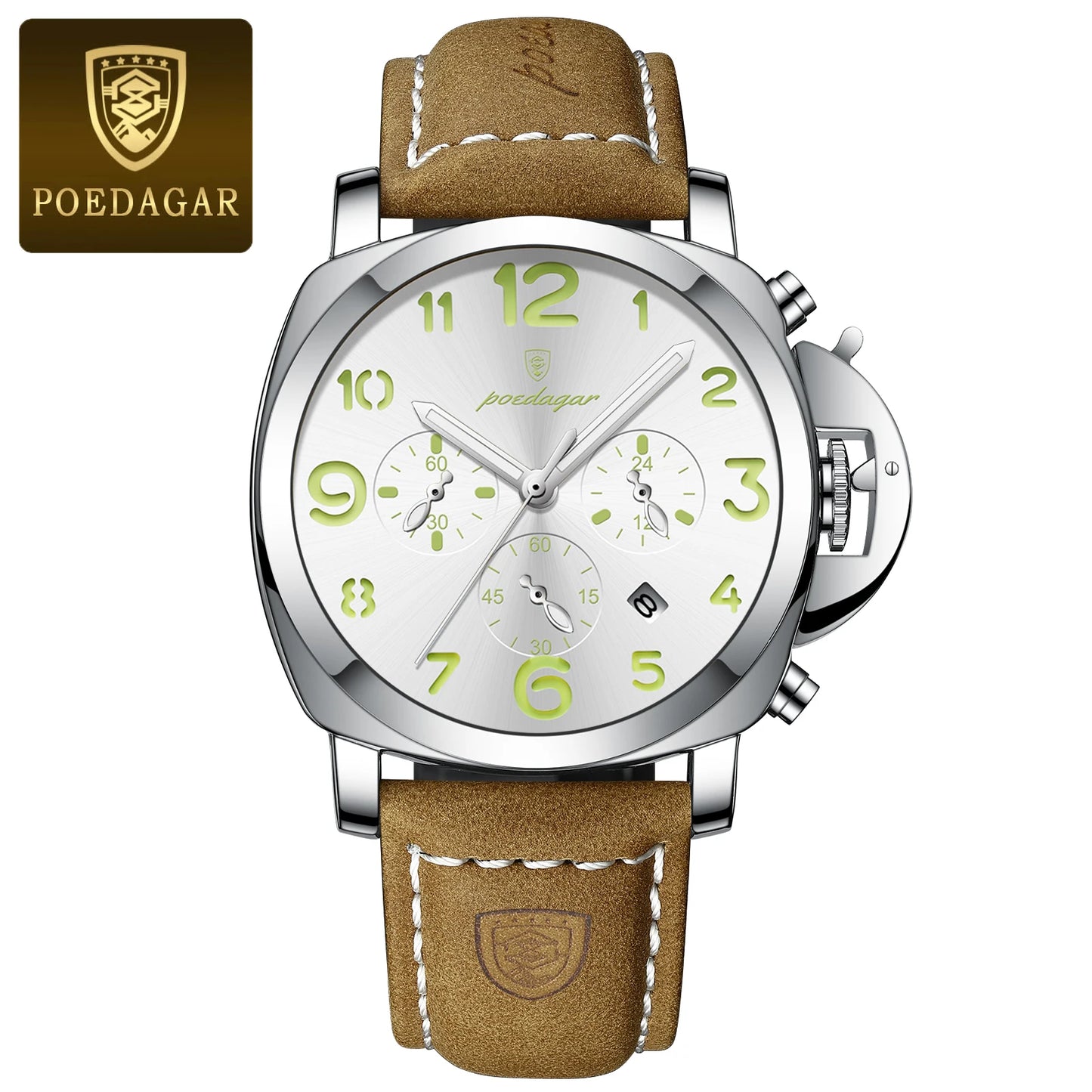 POEDAGAR Luxury Leather Chronograph Quartz Watch - Luminous, Waterproof, Date And Box