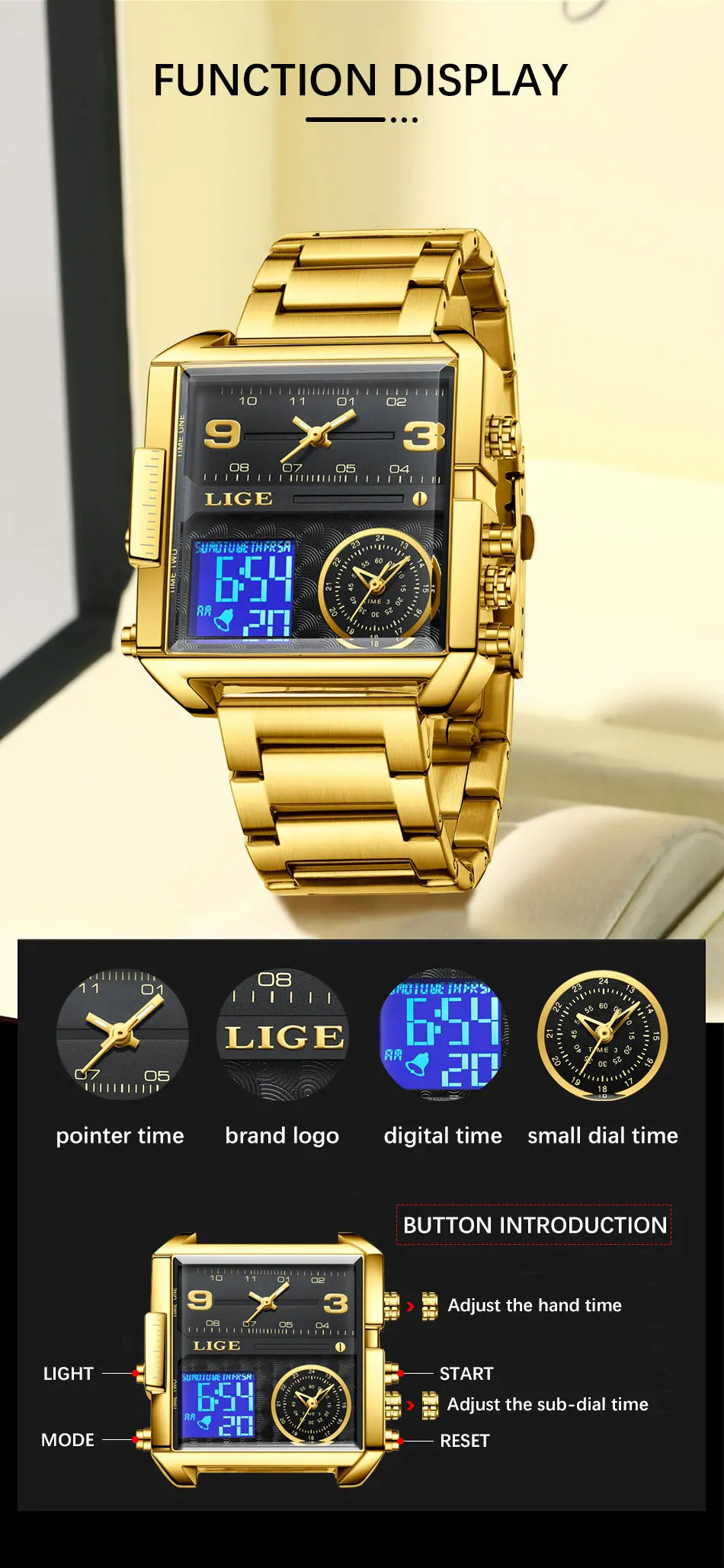 LIGE Quality Luxury Stainless Steel Gold Watch - Quartz Clockwork, Waterproof, Dual Display With Box