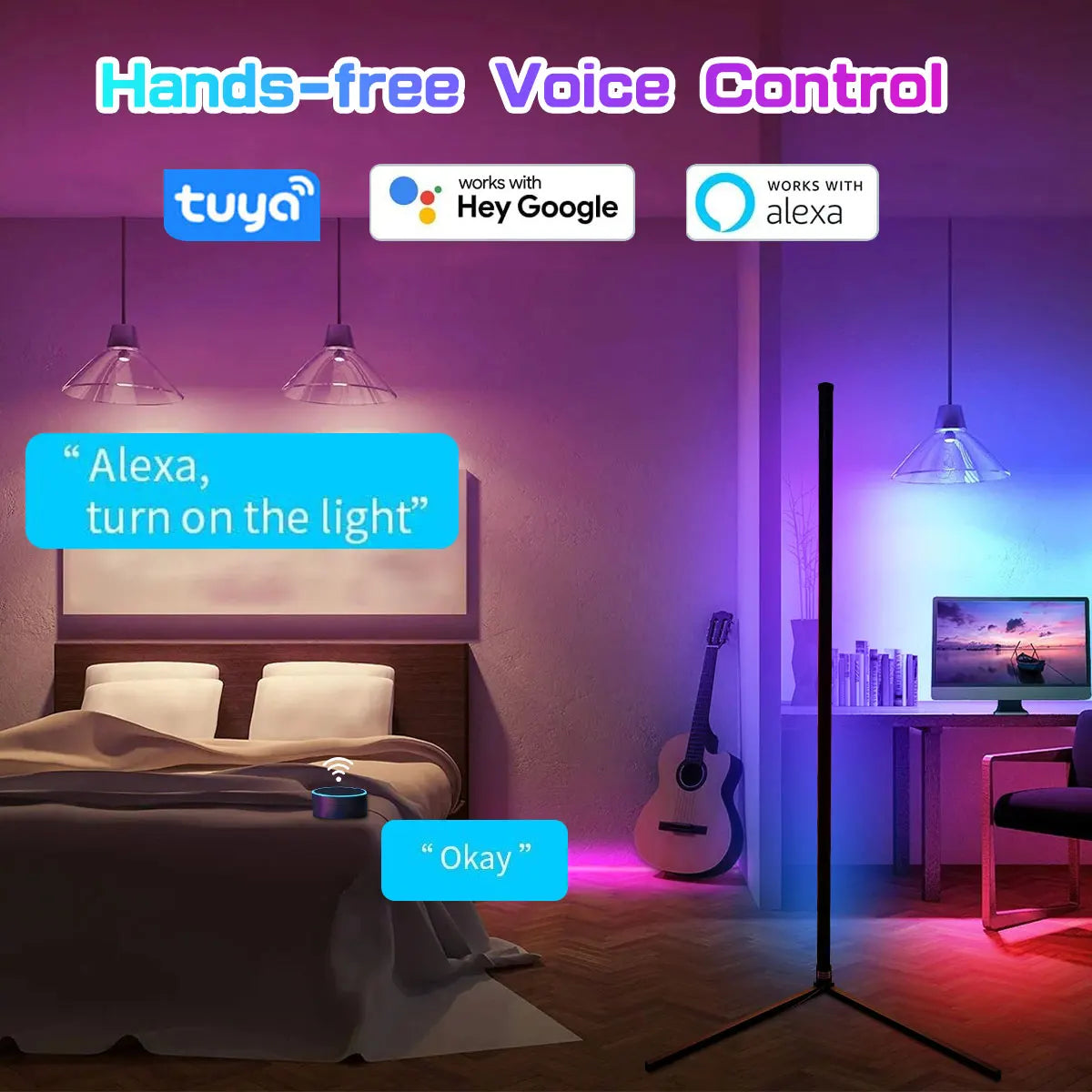 Tuya Smart LED RGB corner Floor Lamp - 160cm, Dimmable RGB and Mood Lighting.