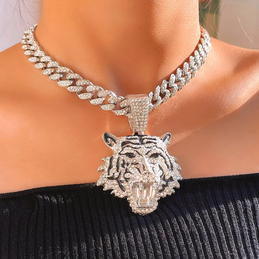 Tiger Pendant Stainless Steel Iced Out Necklace