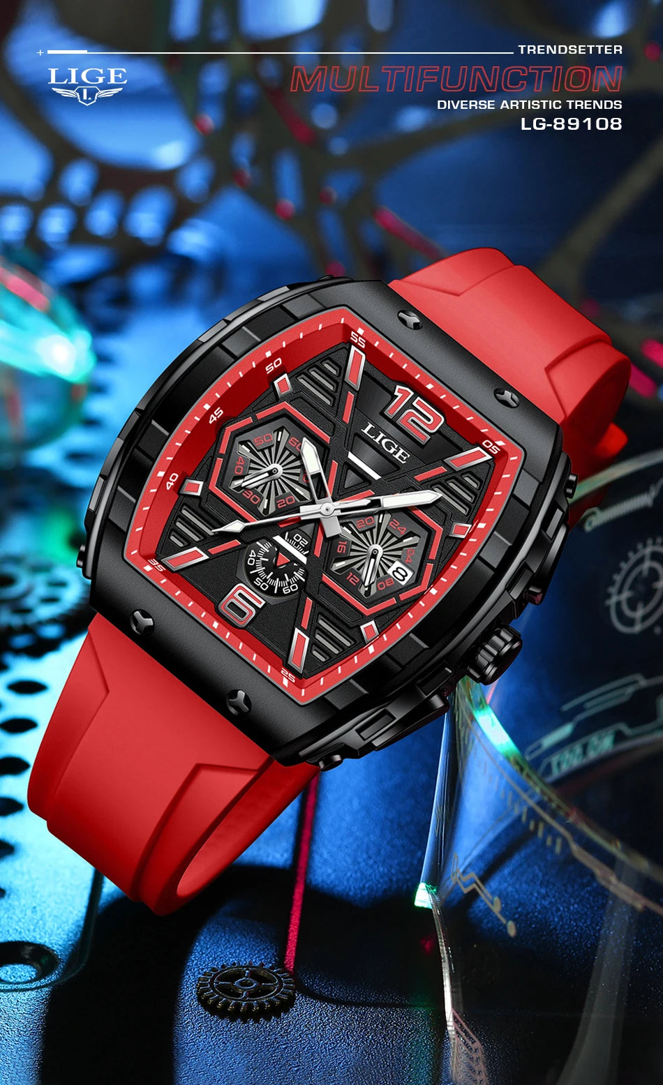 LIGE Quality Luxurious Chronograph Watch - Silicone strap - Quartz Clockwork, Waterproof With Box