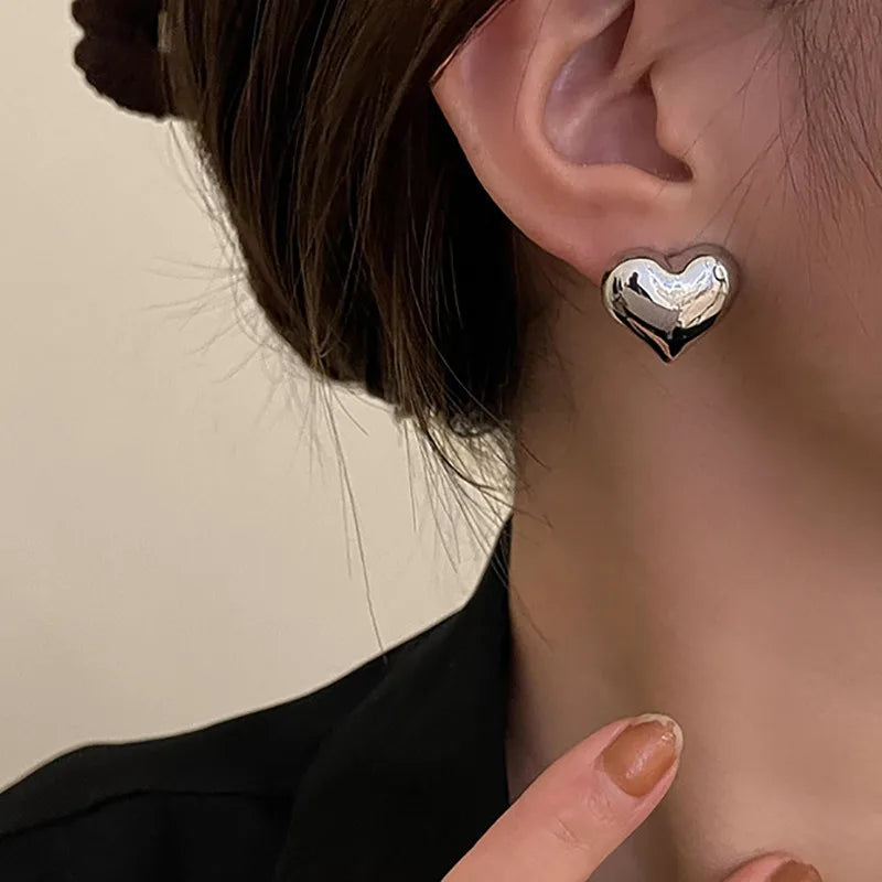 LATS Big & Small Heart Shaped Smooth Surface Stud Earrings In Gold and Silver