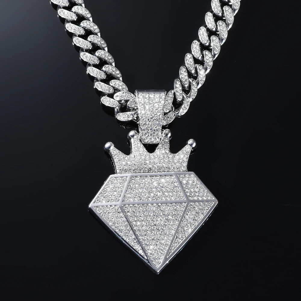 Hip Hop Iced Out Crown Pendant Necklace With 13mm Rhinestone Cuban Chain Bling Necklaces Men Women Fashion Charm Jewelry Gift