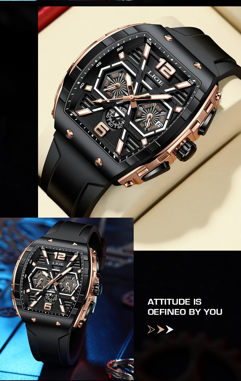 LIGE Quality Luxurious Chronograph Watch - Silicone strap - Quartz Clockwork, Waterproof With Box