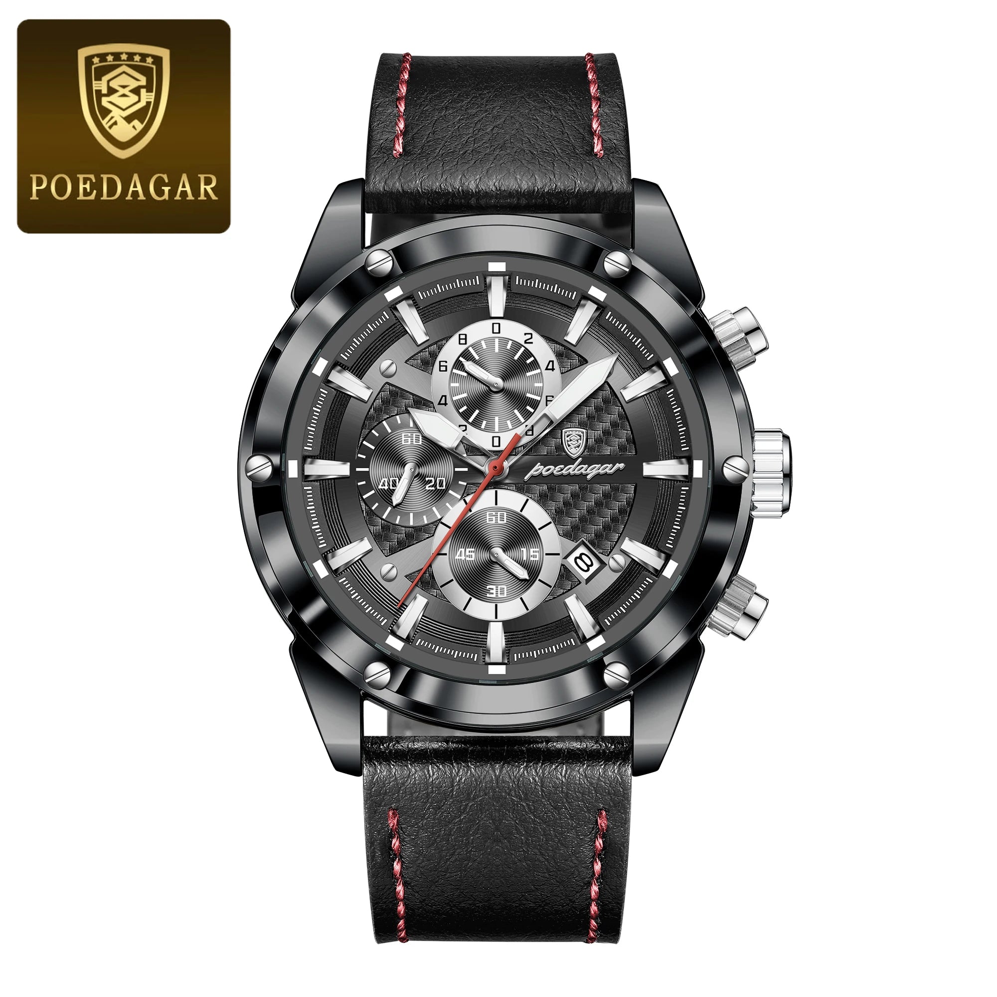 POEDAGAR Luxury Leather Band Quartz Chronograph Watch - Waterproof, Luminous, Date And Box