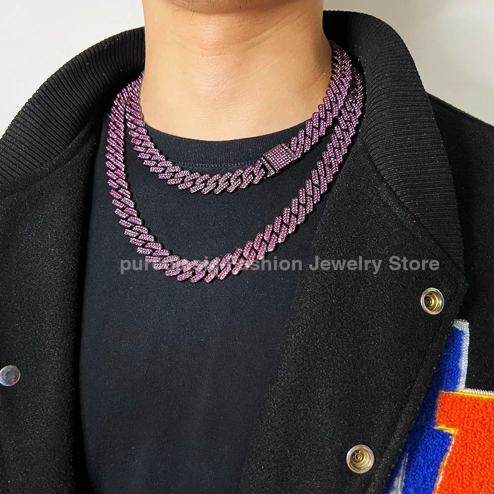 Horsewhip Cuban Link Chain 14mm Iced Out With Rhinestones In Black/Grey/Silver/Purple Necklace