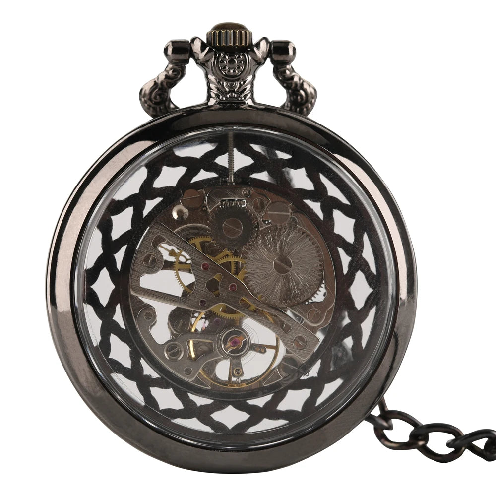 YISUYA Luxurious & Elegant Steampunk Style Glass Transparent Hand Wind Mechanical Pocket Watch with Chain