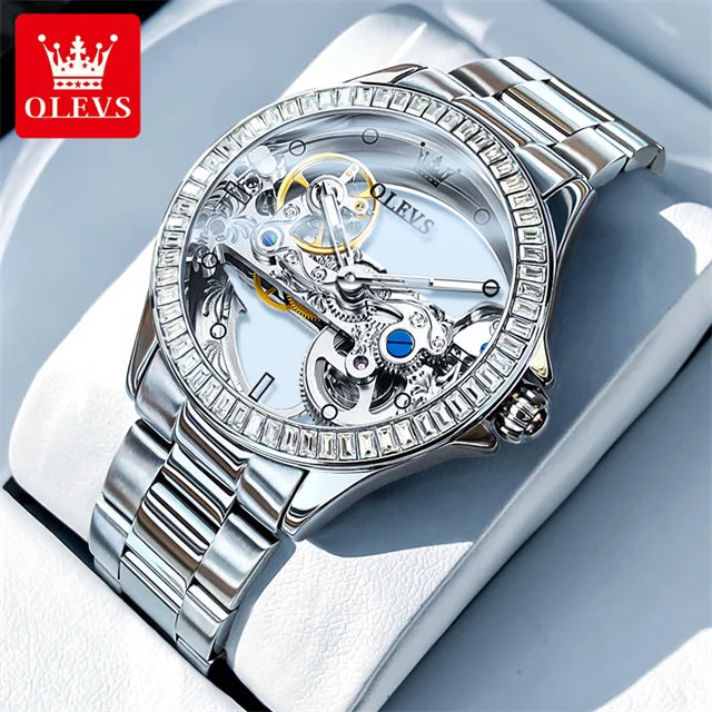 OLEVS Luxury Silver Fully Hollow Out Mechanical Watch for with Diamond