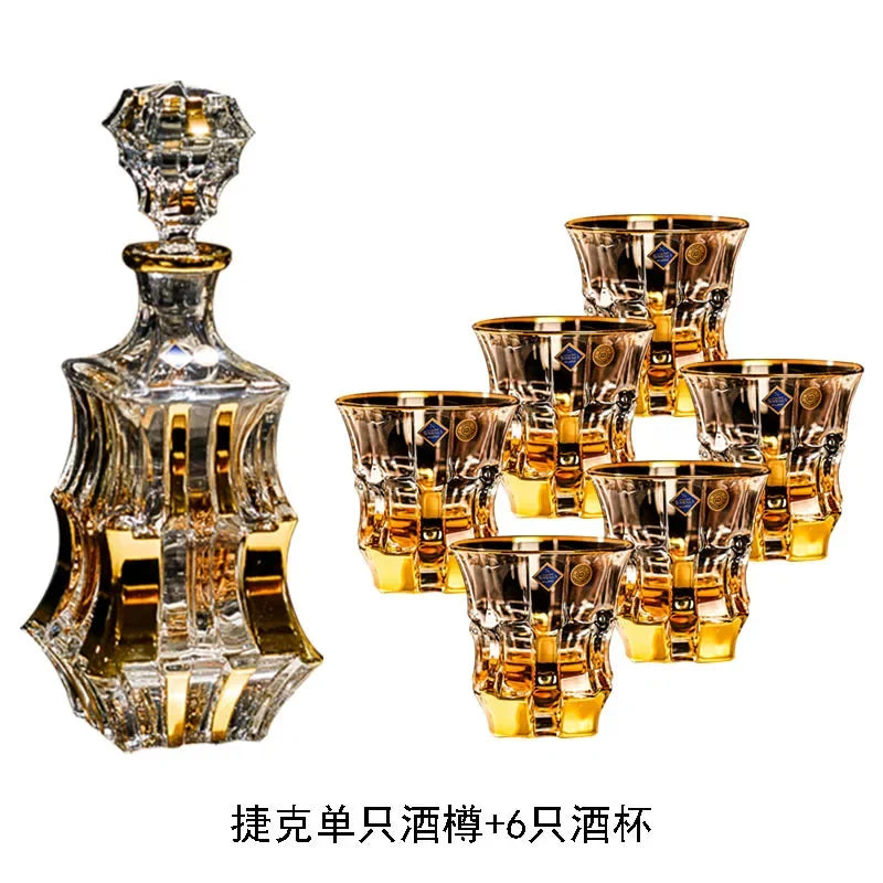 Household Crystal Glass Whiskey Wine Cup and Bottle Set Light Luxury Gold Painting High End Wine Utensils Bar Wine Glass Set