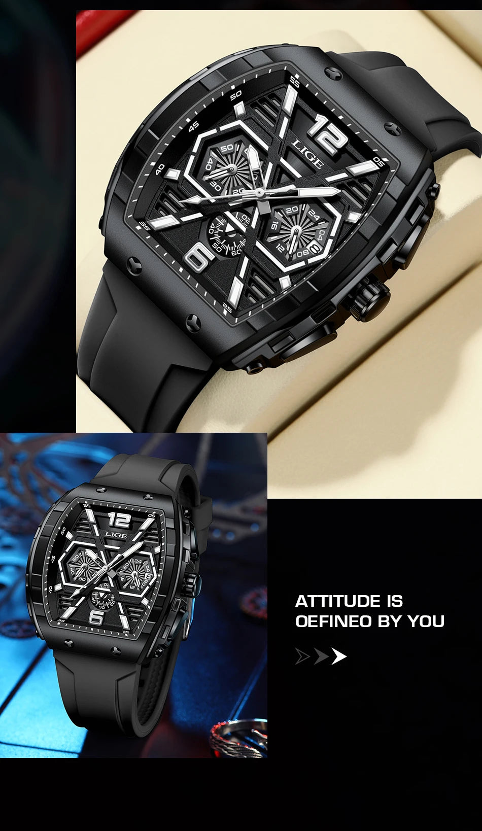 LIGE Quality Luxurious Chronograph Watch - Silicone strap - Quartz Clockwork, Waterproof With Box