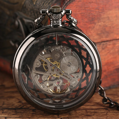 YISUYA Luxurious & Elegant Steampunk Style Glass Transparent Hand Wind Mechanical Pocket Watch with Chain