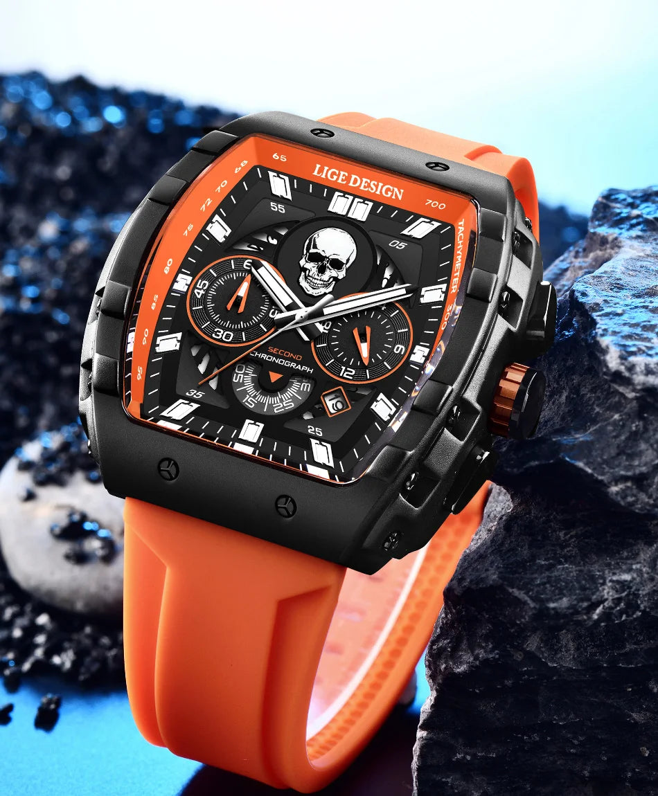 LIGE Quality Luxurious Chronograph Skull watch with Silicone Strap - Luminous, Chronograph, Quartz Clockwork With Box