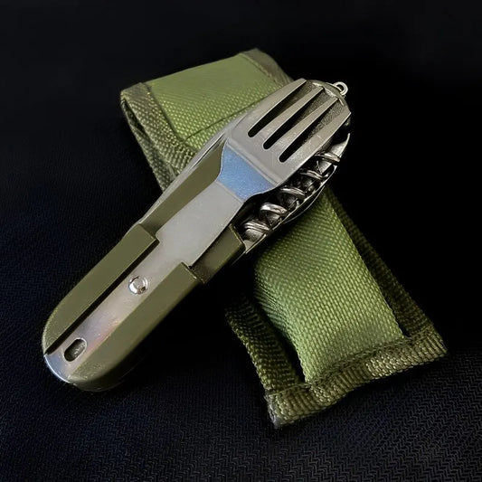 Outdoor 7 In 1 Multifunctional Stainless Steel Foldable Fork Spoon Knife Tableware