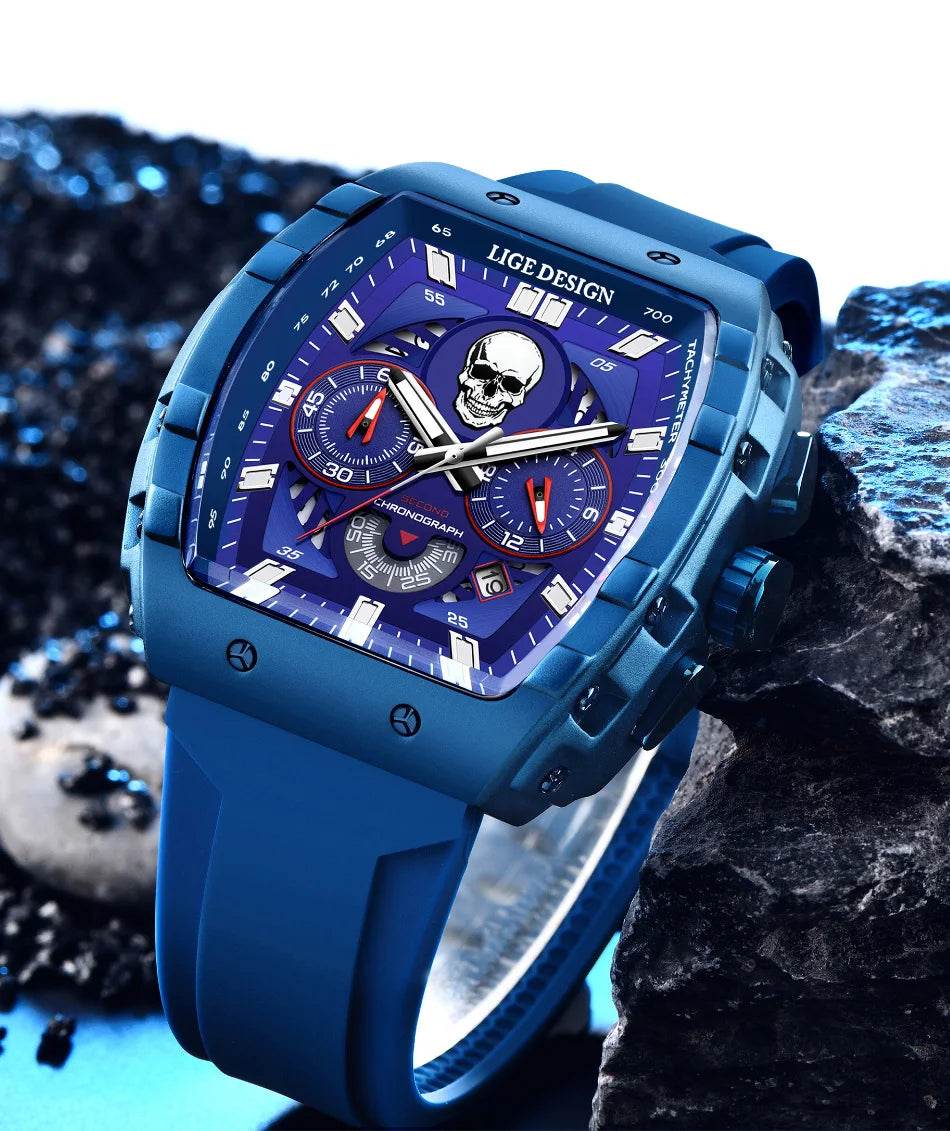 LIGE Quality Luxurious Chronograph Skull watch with Silicone Strap - Luminous, Chronograph, Quartz Clockwork With Box