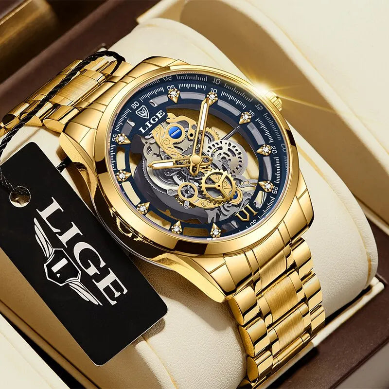 LIGE Quality Luxury Stainless Steel Skeleton Quartz Watch Gold