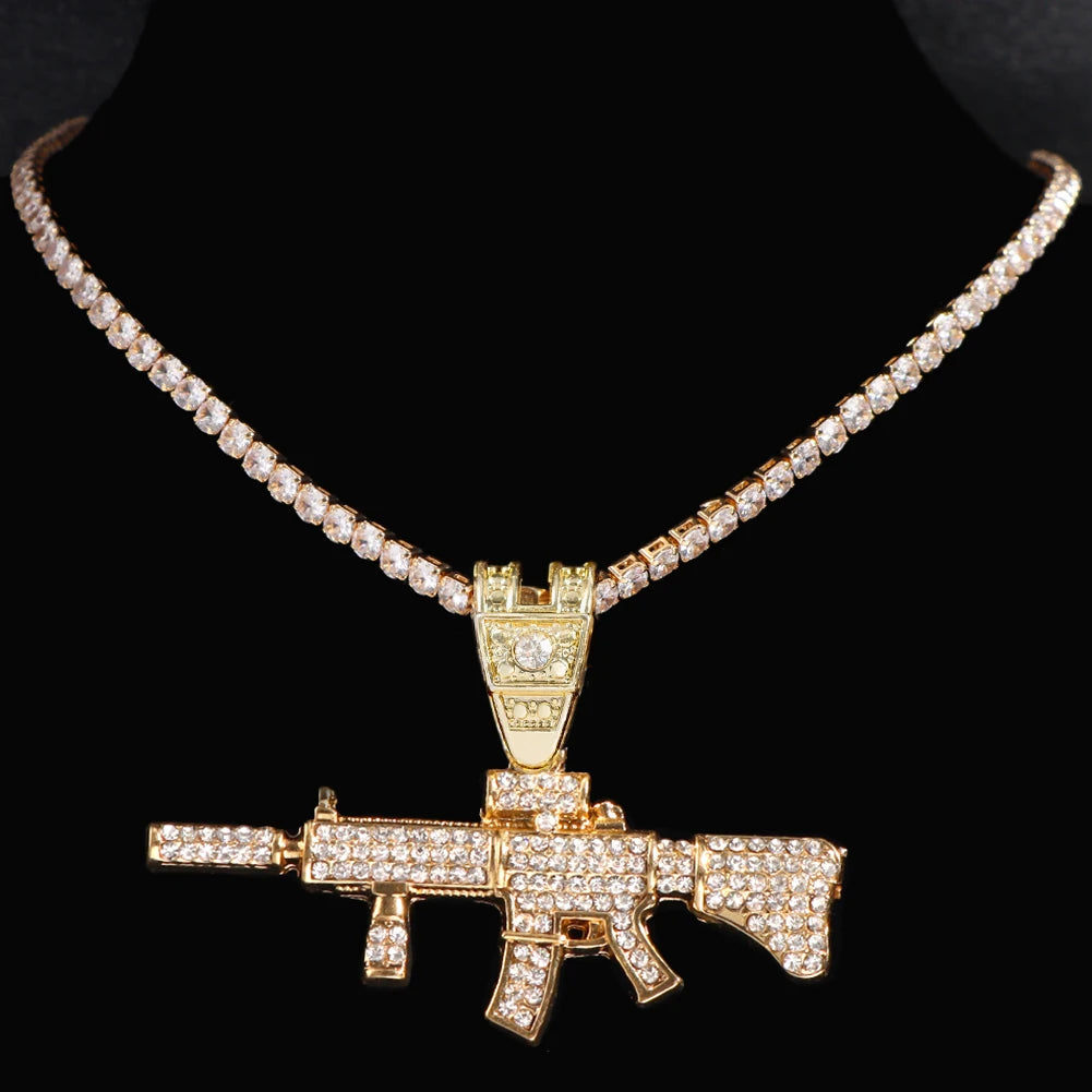 PEZDEMAR Iced Out Crystal M16 Gun Pendant With Chain Or Cuban Necklace