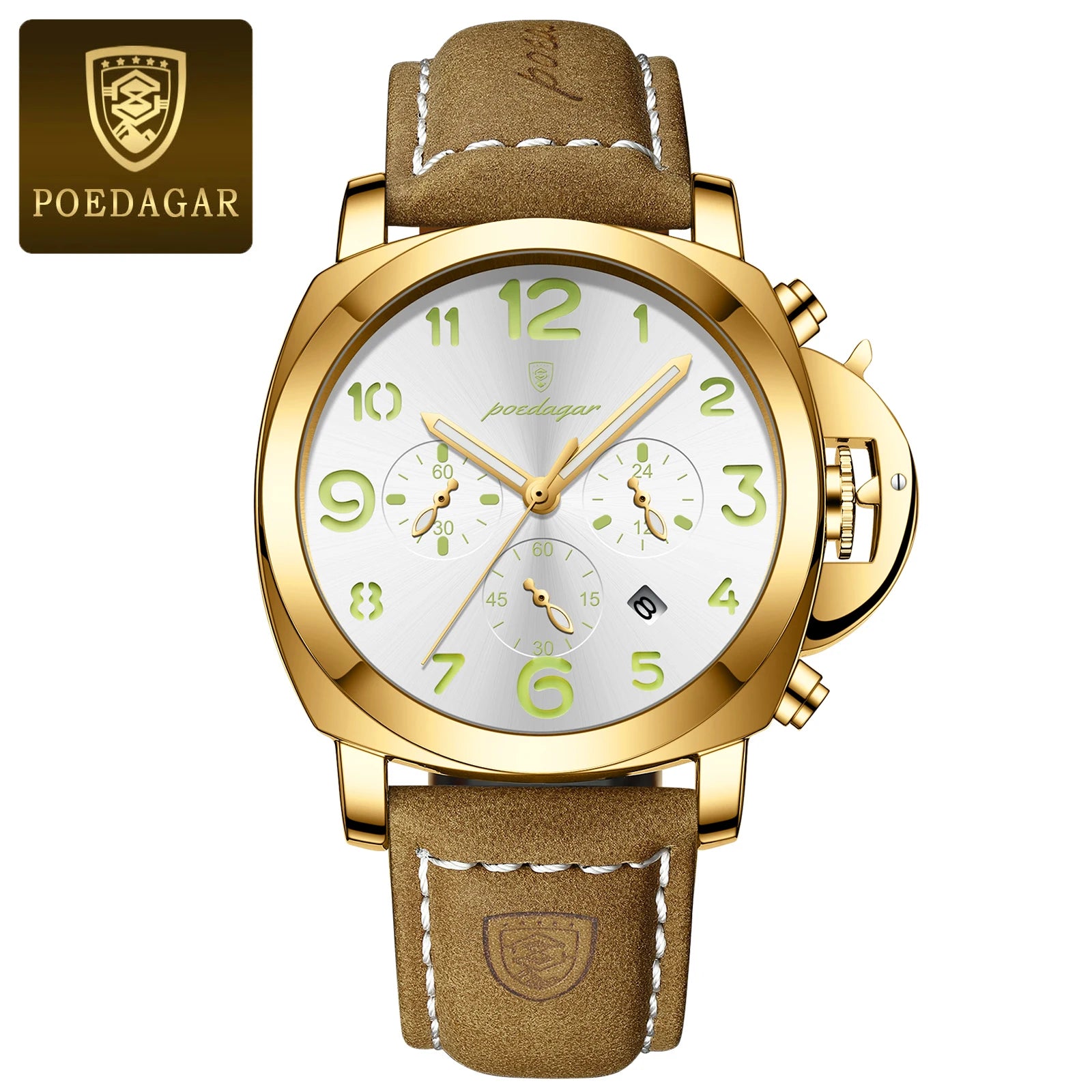 POEDAGAR Luxury Leather Chronograph Quartz Watch - Luminous, Waterproof, Date And Box