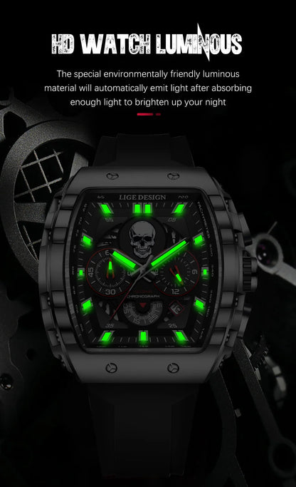 LIGE Quality Luxurious Chronograph Skull watch with Silicone Strap - Luminous, Chronograph, Quartz Clockwork With Box