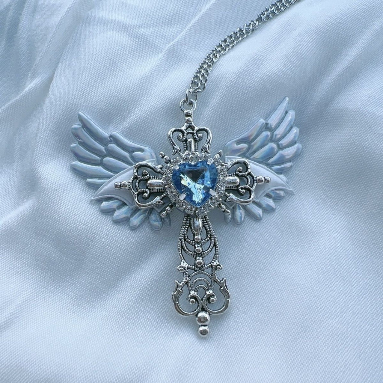 Goth & Angel Winged Cross Pendant Necklace