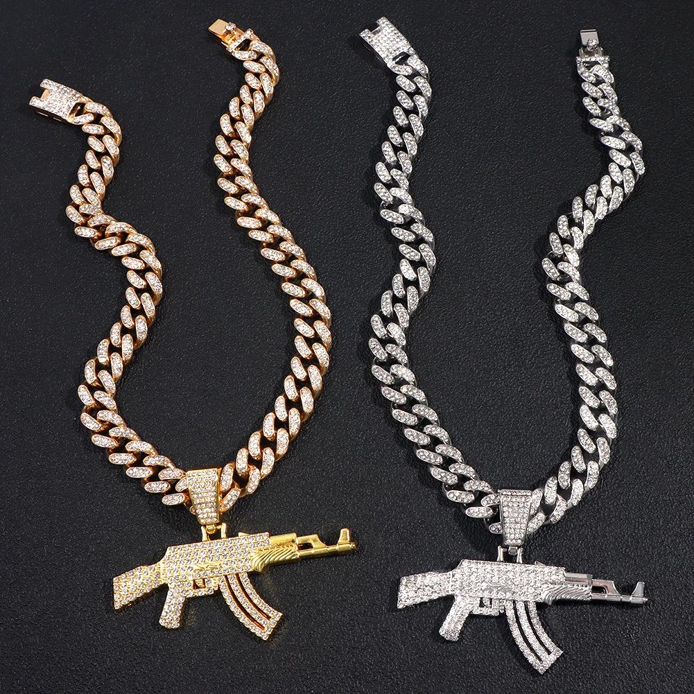 ESTRELLADEMAR Iced Out Crystal AK47 Gun Pendant With Chain Or Cuban Necklace