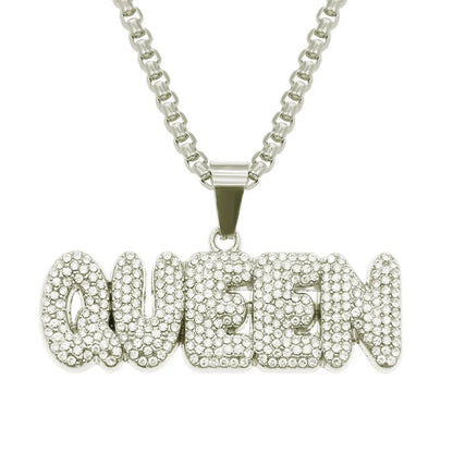 Yuzz Iced Out Queen Letter Pendant & Cuban Chain Necklace