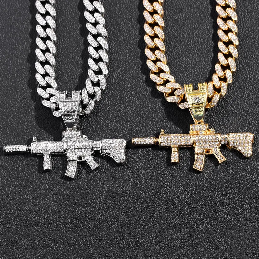 PEZDEMAR Iced Out Crystal M16 Gun Pendant With Chain Or Cuban Necklace