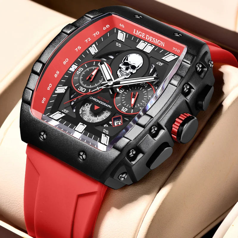 LIGE Quality Luxurious Chronograph Skull watch with Silicone Strap - Luminous, Chronograph, Quartz Clockwork With Box