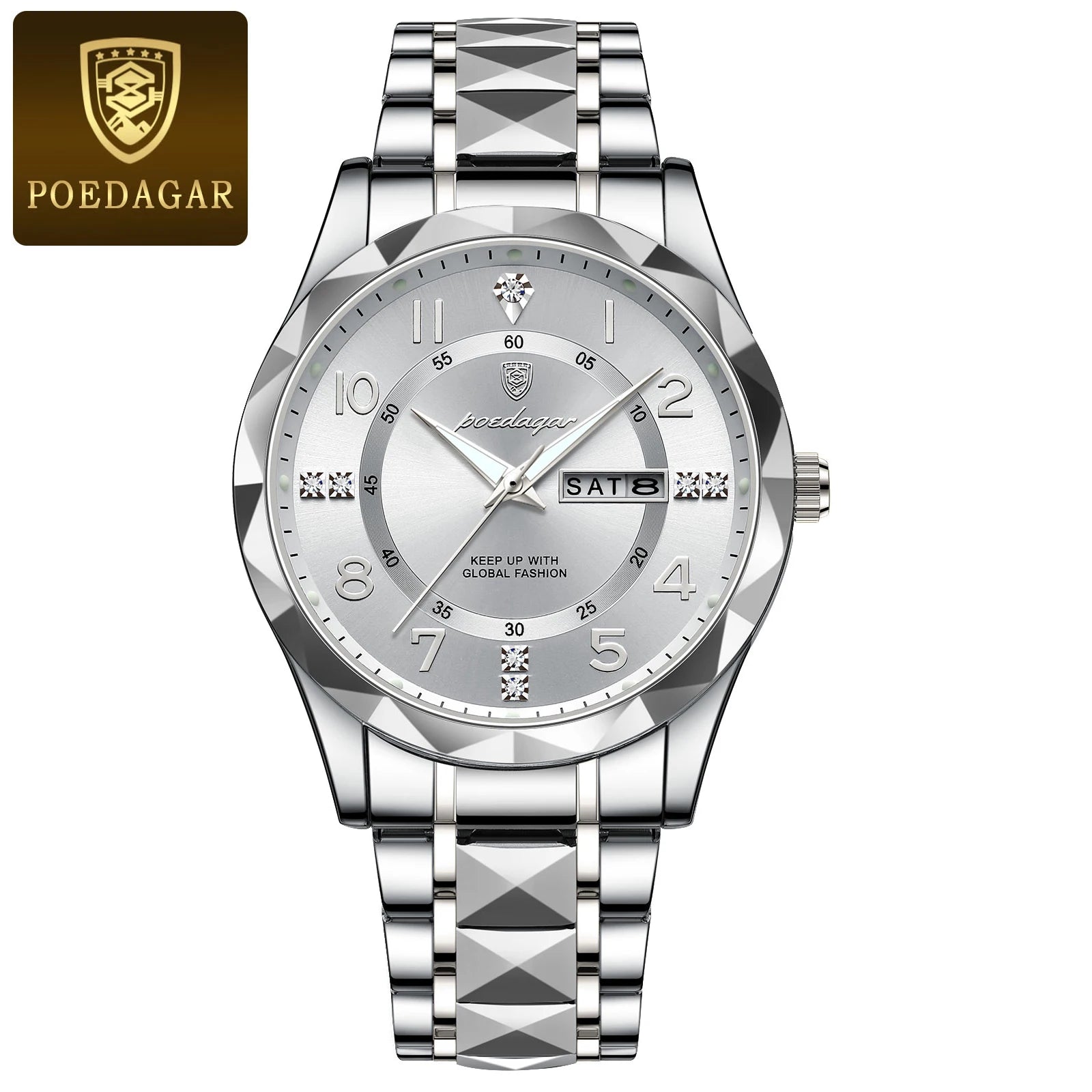 POEDAGAR Luxury Men Stainless Steel Quartz Watch - Waterproof, Date/Week & Luminous