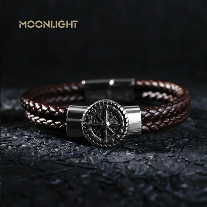 Genuine Leather Compass Bracelet For Men & Woman - Double Layer Braided Bracelet