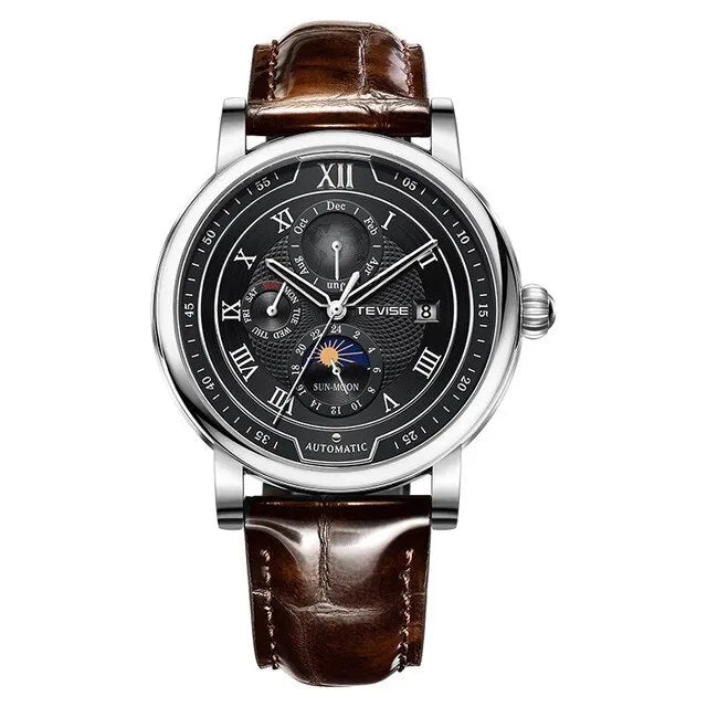 LIGE TW8820 Quality Luxurious Mechanical Leather Belt Watch Waterproof Mechanical - Moon Phase And Automatic With Box