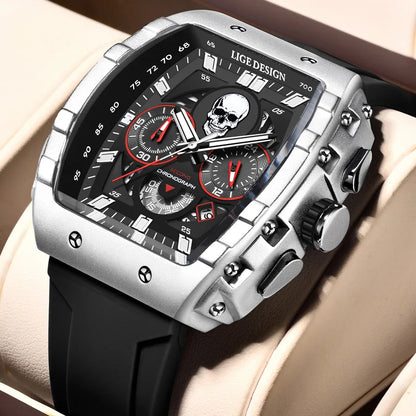 LIGE Quality Luxurious Chronograph Skull watch with Silicone Strap - Luminous, Chronograph, Quartz Clockwork With Box