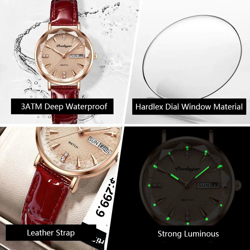 POEDAGAR Exquisite Ladies Luxury Watch - Ultra-thin, Leather Belt, Waterproof, Luminous, Quartz Clockwork, Date + Box