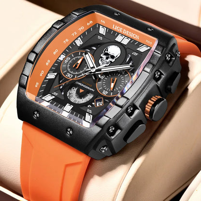 LIGE Quality Luxurious Chronograph Skull watch with Silicone Strap - Luminous, Chronograph, Quartz Clockwork With Box