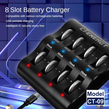 8 Slot Lithium Coin Battery Smart Charger For 1220 1240 1620 1632 2032 2025 2016 2430 2440 2450 2477 Travel Portable Charger