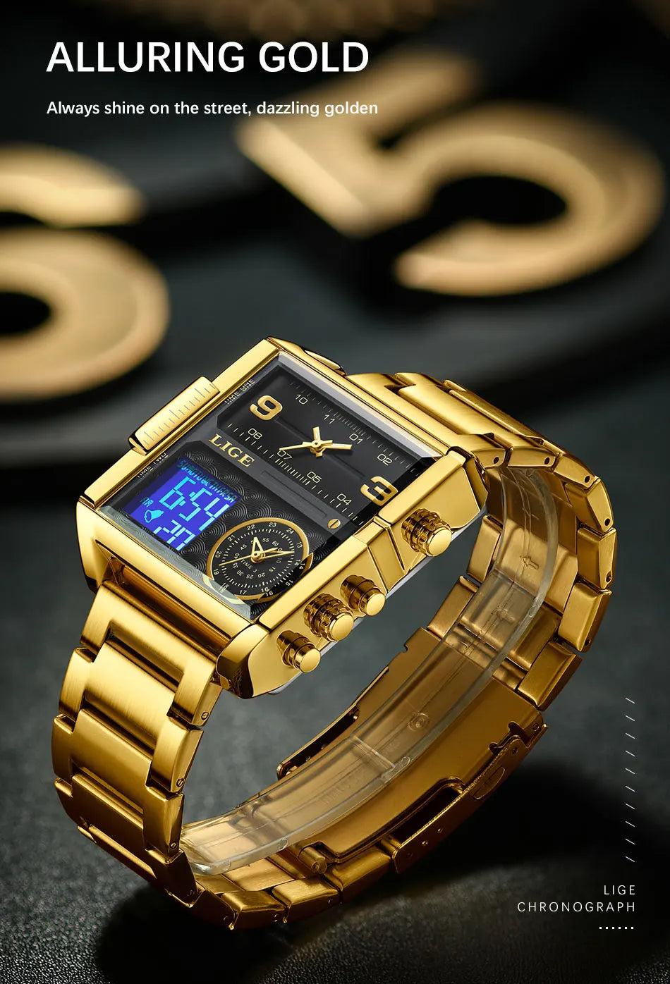 LIGE Quality Luxury Stainless Steel Gold Watch - Quartz Clockwork, Waterproof, Dual Display With Box