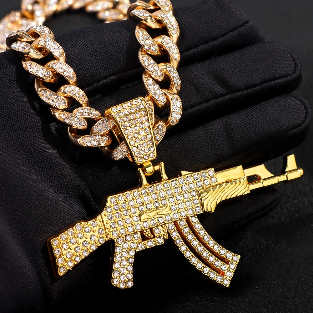 ESTRELLADEMAR Iced Out Crystal AK47 Gun Pendant With Chain Or Cuban Necklace