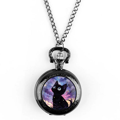 Exquisite Black Cat Glass Dome Quartz Pocket Watch