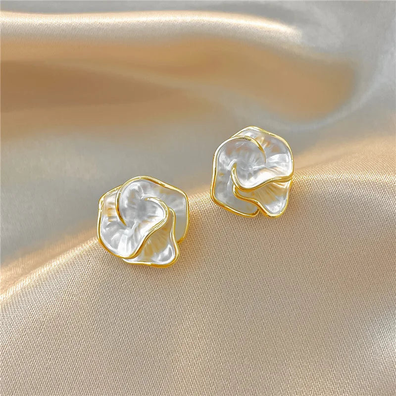 LATS White Flower Uniquely Folded Stud Multi-layered Earrings In Different Styles