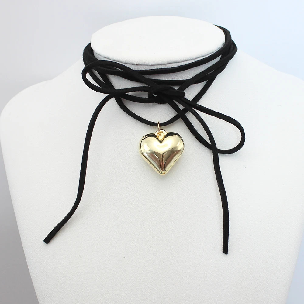 Elegant Weave  Knotted Bowknot With Big Heart Pendant Choker Knotted - Black & Pink Velvet