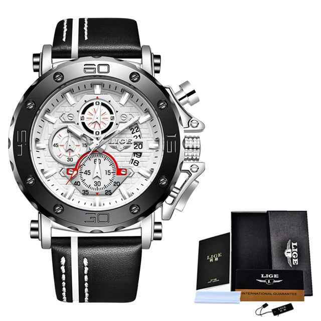 LIGE Quality Luxury Chronograph Stainless Steel/Leather strap Men Watch - Quartz Clockwork, Date With Box