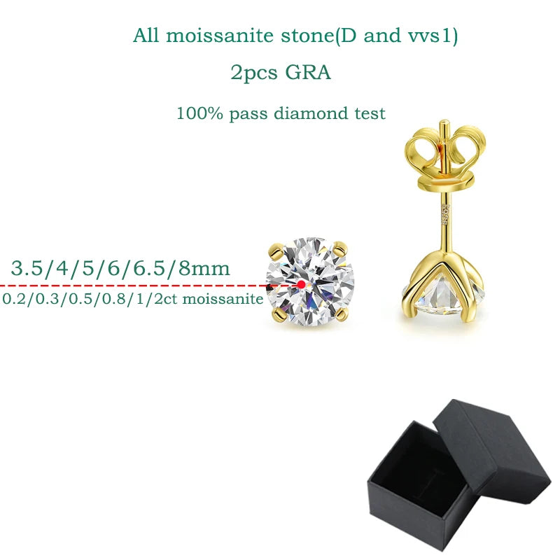 Smyoue Classic Stud S925 Sterling Silver Moissanite 02./2CT Earrings With VVS Round Cut & 18k Gold Imitation