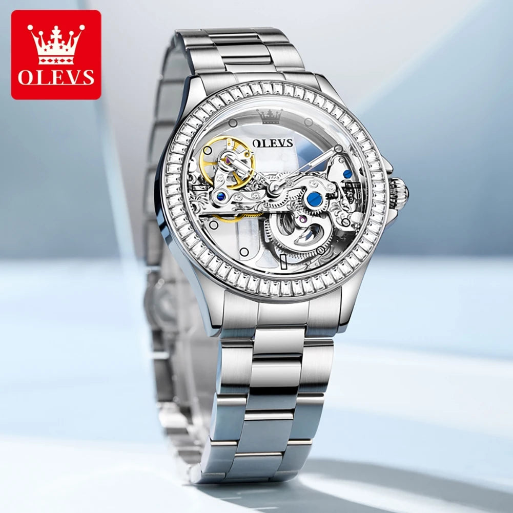 OLEVS Luxury Silver Fully Hollow Out Mechanical Watch for with Diamond