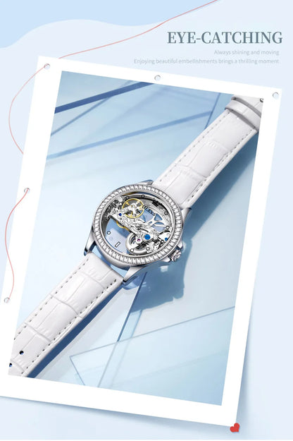 OLEVS Luxury Silver Fully Hollow Out Mechanical Watch for with Diamond