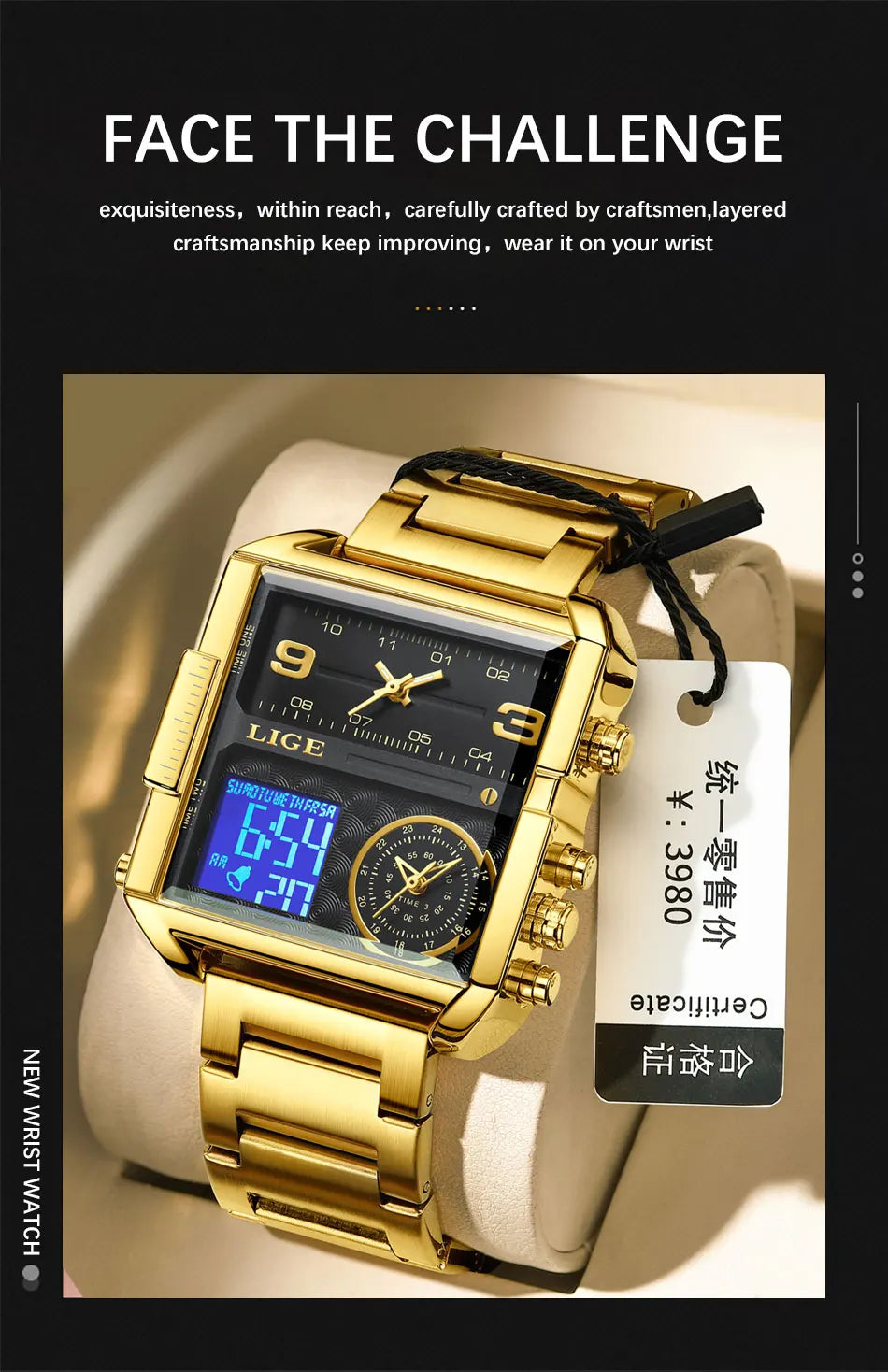 LIGE Quality Luxury Stainless Steel Gold Watch - Quartz Clockwork, Waterproof, Dual Display With Box