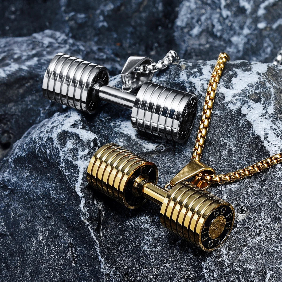 Metal Town Dumbbell Pendant Gold & Silver Steel Chain Necklace