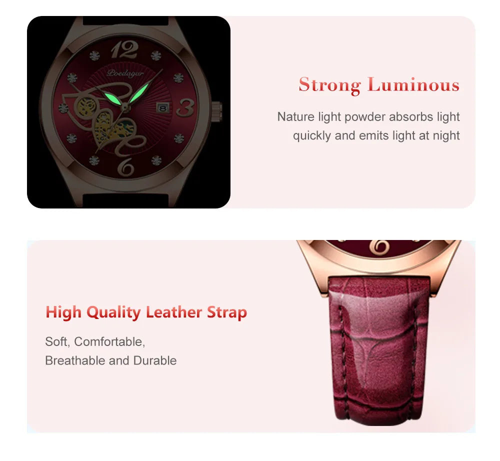 POEDAGAR Quality luxurious leather Band Watch For Woman - Quartz Watch, Waterproof, Date And Box