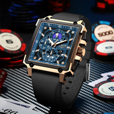 LIGE Quality Luxury Hollow Square Watch For Men with Silicone Strap - Waterproof, Quartz Clockwork+Box