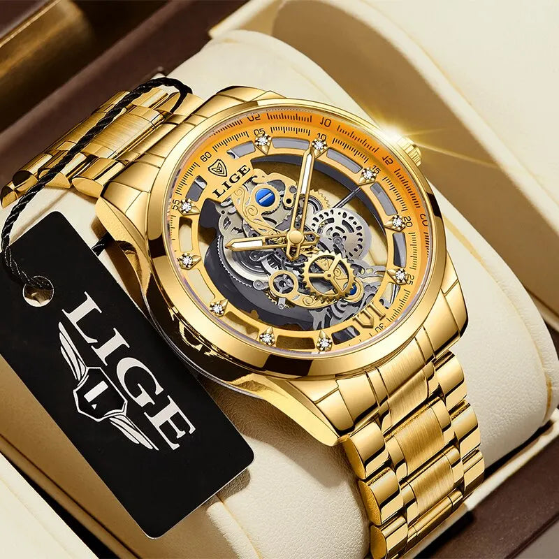 LIGE Quality Luxury Stainless Steel Skeleton Quartz Watch Gold